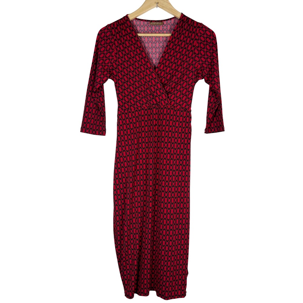 RETRO Red Geometric Print 3/4 Sleeve Midi Dress Cocktail Business Brunch Stretch